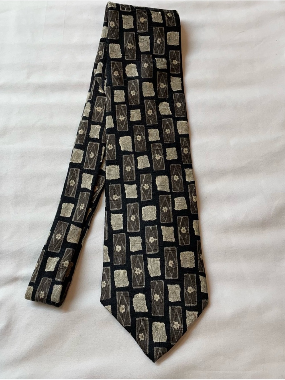 Oscar de la Renta Necktie Mens OS Black‎ Grey Silk Geometric Floral Excellent